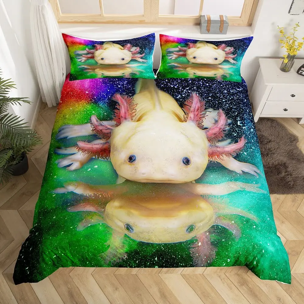 

Cute Rainbow Sea Wildlife Animal Reptile Polyester Bedding Set Cartoon Axolotl Duvet Cover Set King/Queen Size Kids Girls Boys