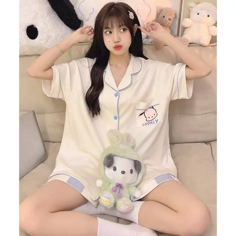 

Kawaii Sanrio почтовые пижамы женские летние хлопковые шорты с коротким рукавом тонкий кардиган комплект Милая Домашняя одежда аниме подарки на день рождения