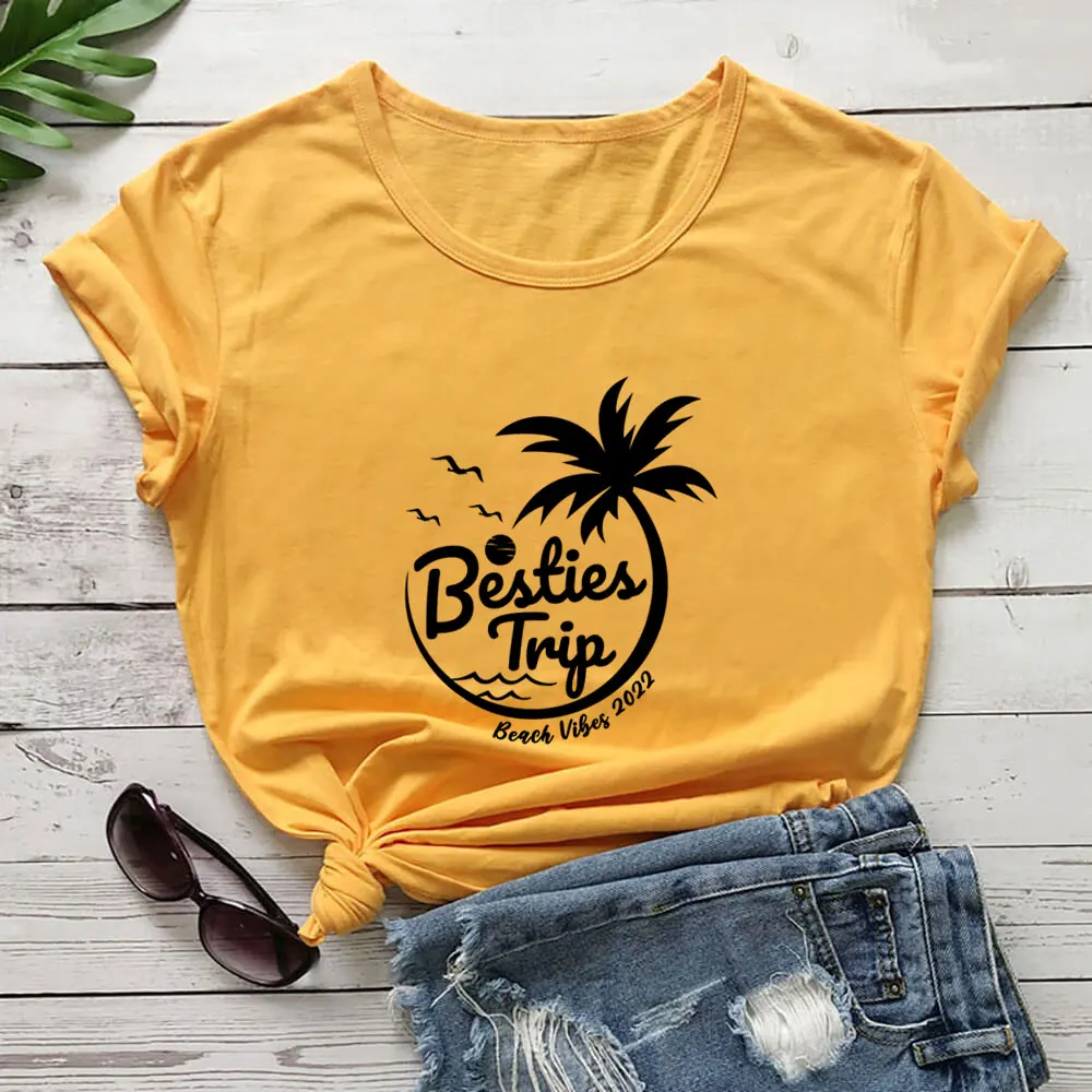 Besties Trip Beach Vibes 2022 100%Cotton Women Tshirt Girls Trip Tee Funny Summer Casual Short Sleeve Top Vacation Shirt images - 6