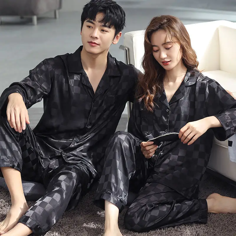 Couple Pajama Sets For Mens Plaid Designer Loungewear Nightwear Long Sleeve Sleep Trousers Thin Silk Satin Pajamas Men Sleepwear