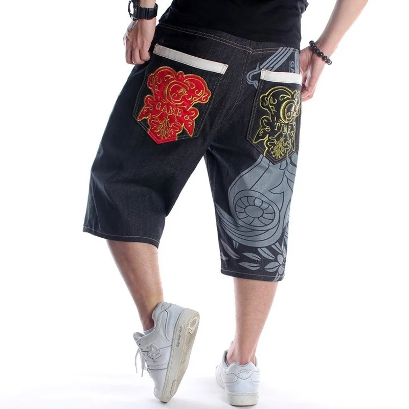 Summer Men's Wide Leg Denim Shorts Loose Straight Skating Pants Embroidered Printed Hip Hop Shorts Mid Pants Jeans Plus Size
