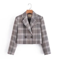 womens chic england style plaid crop blazer jacket spring autumn lady long sleeve two buttons houndstooth suit outwear top