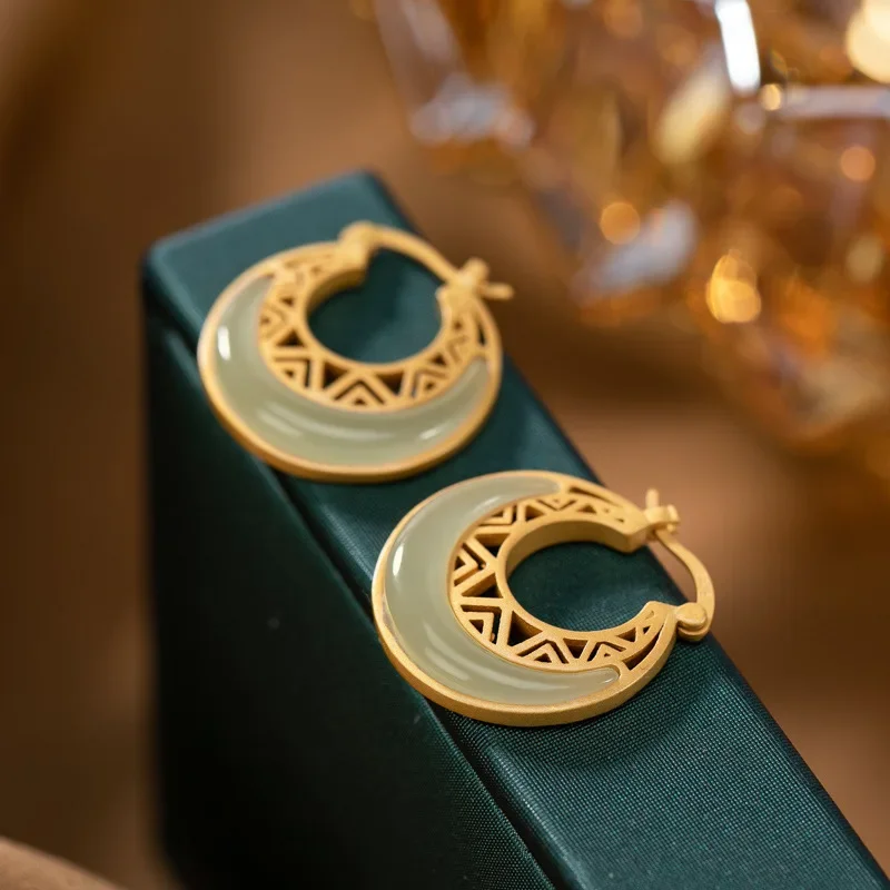 

Chinese Style Vintage 925 Sterling Silver Hollow Carved Crescent Hotan Jade Quality Earrings for Women Cheongsam Gift Jewelry