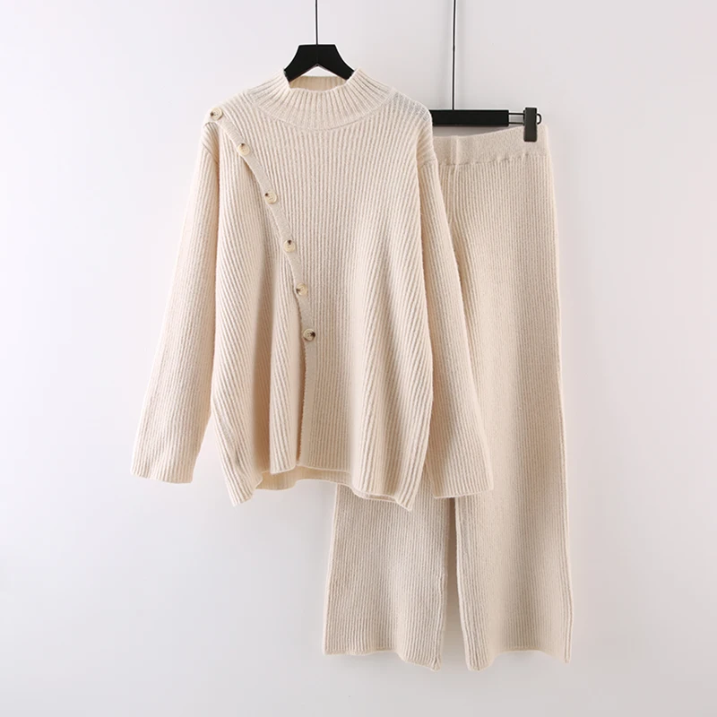 

Зимний женский зеленый вязаный костюм, однотонный пуловер с полуворотником, свитер, прямые брюки, комплект из двух предметов, осень 2022, повседневная женская одежда