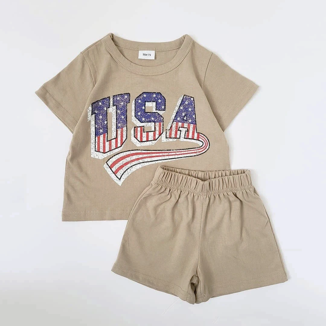 Summer Toddler Girls USA Print Star Stripe T-Shirt and Shorts Set Baby Boy Outfit Set Short-sleeve Tee Kids Clothes Sports Suit
