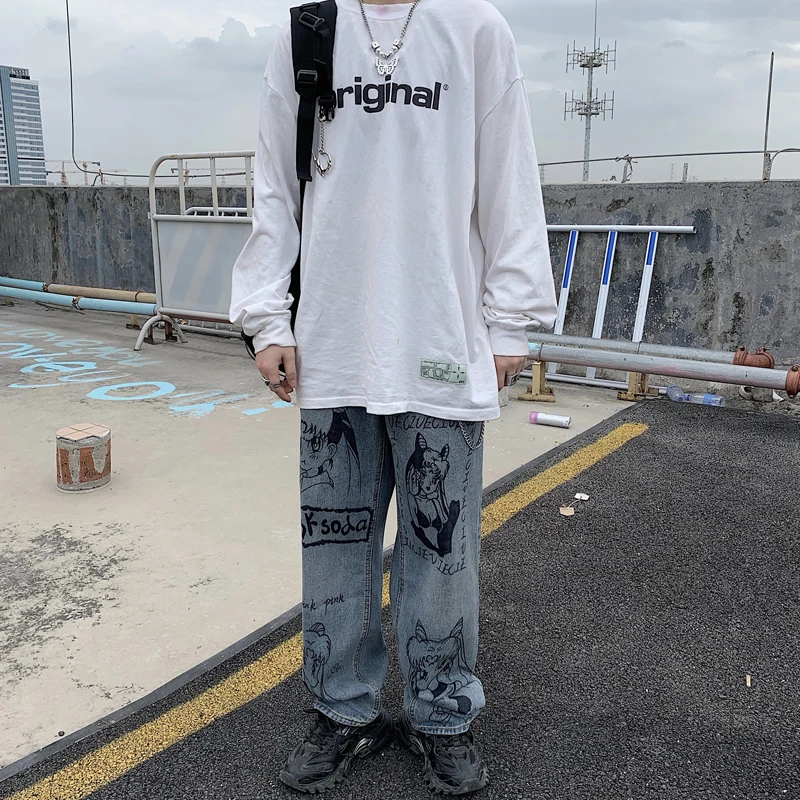 Jeans Trousers Men's Brand Clothing Cartoon Anime Print Harajuku Men Pants Casual Fashion Graffiti Loose Streetwear Ropa Hombre