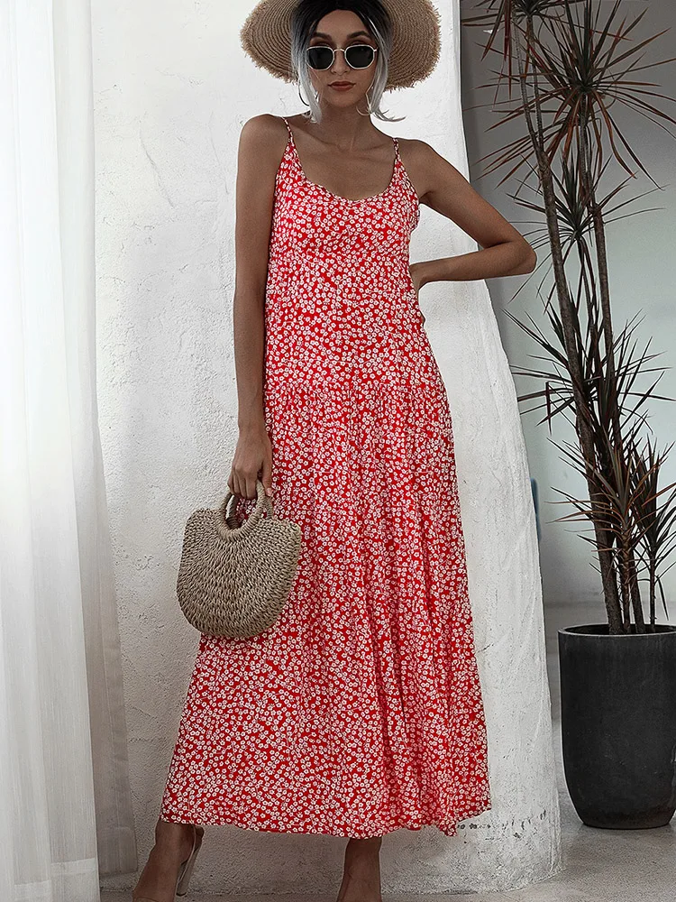 

Женское ТРАПЕЦИЕВИДНОЕ ПЛАТЬЕ с цветочным принтом, красное или Черное длинное приталенное платье на бретелях-спагетти, Повседневная пляжн...