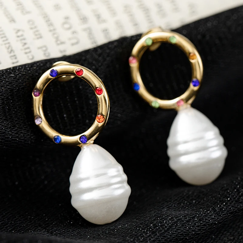 

Pearl Dangle Earring Gold Circle Colorful Zircon Dangle Earring Irregular Stainless Steel Earrings for Women 2022 Trendy Jewelry