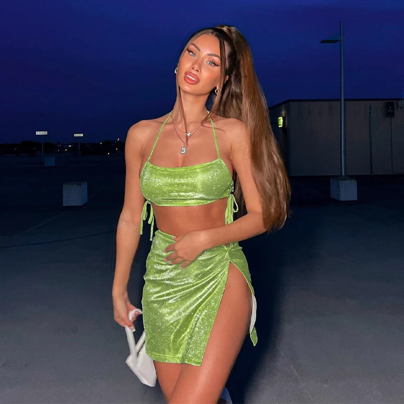 

Women Sexy 2 Pieces Set Shiny Chest Wrap Backless Solid Halter Crop Top Camisole + High Waist Skirt Chic Club Outfits Beach Y2K