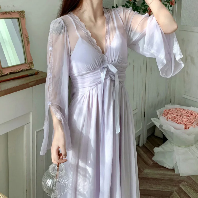 Elegant Mesh Perspective Female Long Nightgown Bathrobe Gown Nightdress Sleepwear Sexy Half Sleeve Nightwear Loose Home Wear