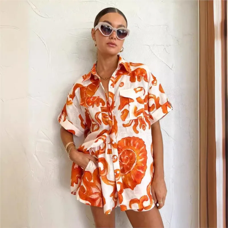 Летние женские повседневные оранжевые шорты с принтом модный воротник свободная