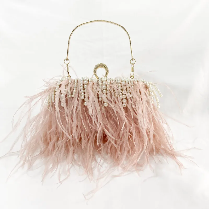2023 Pearl Luxury Real Ostrich Feather Handbag Women Evening Bags Purse Pink White Dinner Party Clutches Ladies Messenger Bag