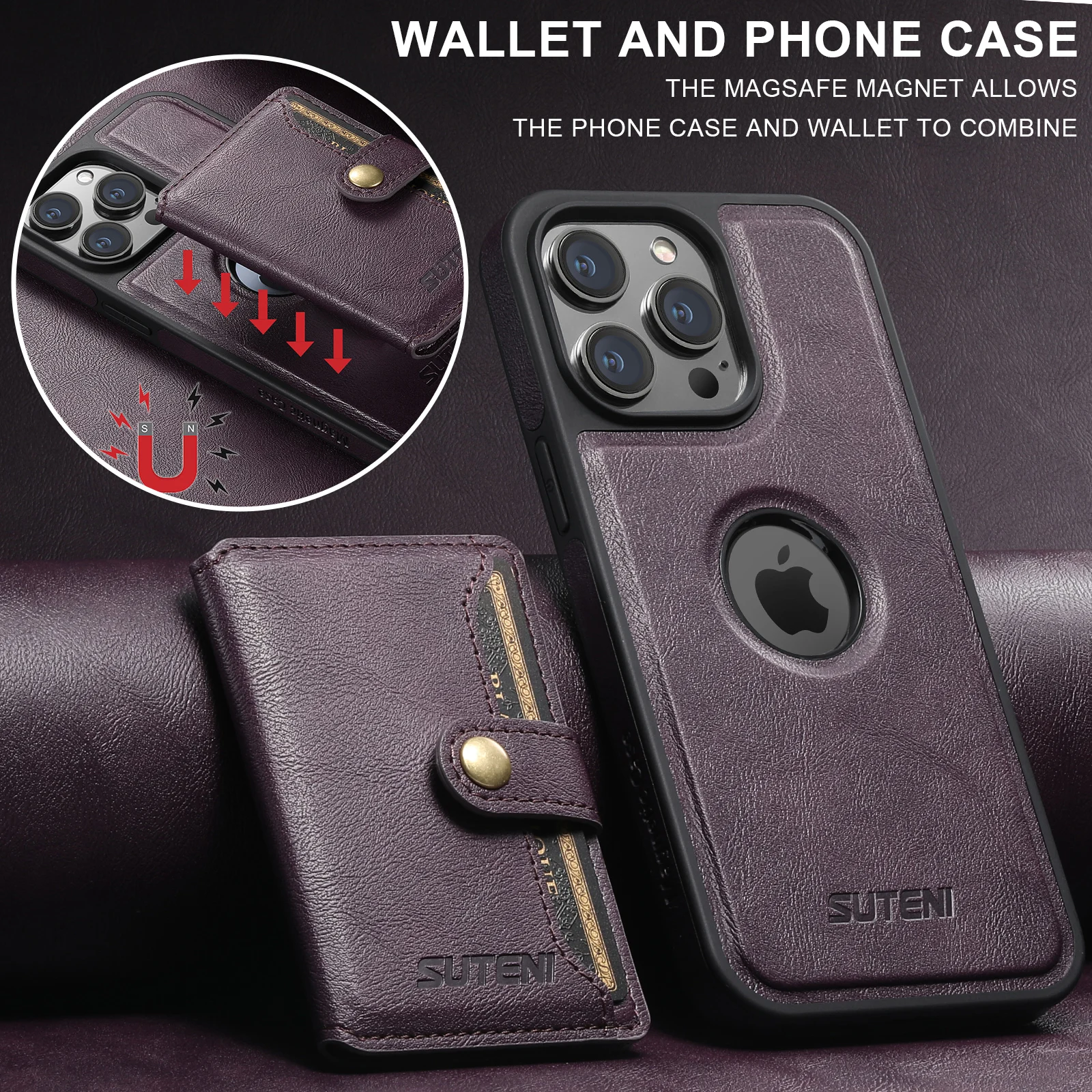 2 в 1 съемный бумажник для карт Сильный магнитный чехол iPhone 12 13 14 15 16 Pro Max Plus