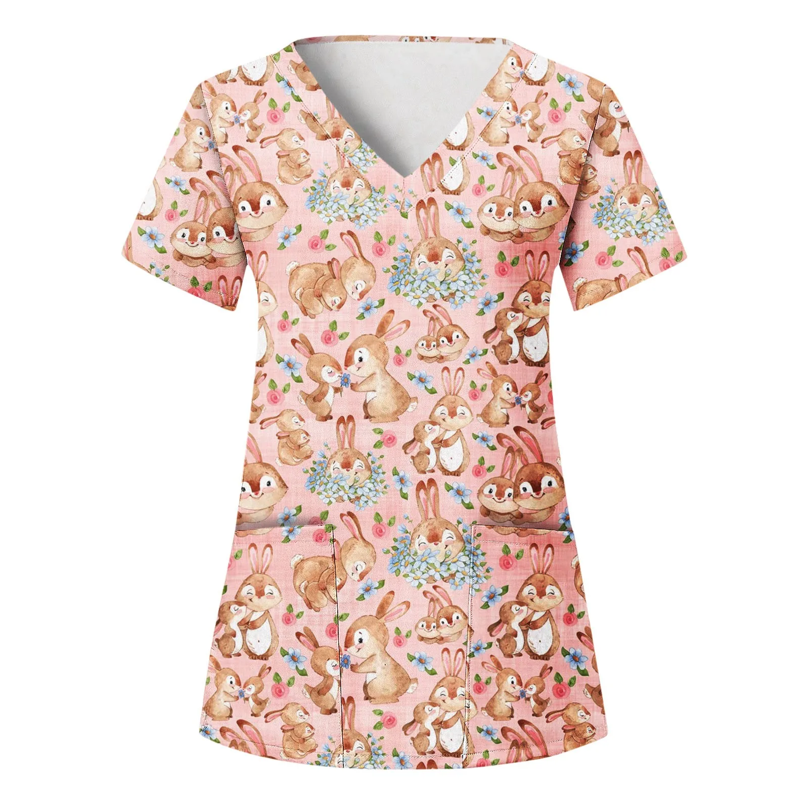 

Healthcare Nurse Uniforms Women Easter Day Print Short Sleeve V Neck Holiday Fun Pattern Working Care Workers Medical Scrub Tops