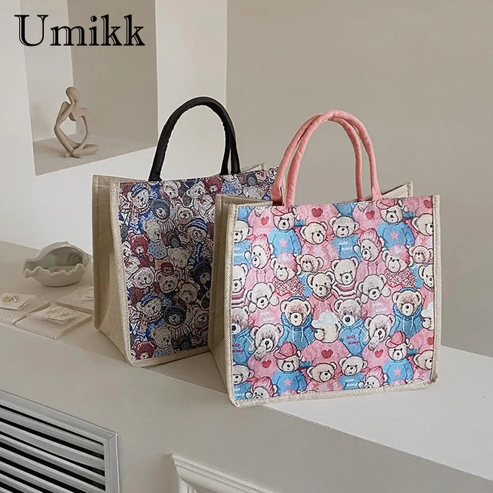 

Lovely Cartoon Bear Handbag Women Casual Cotton Linen Tote Ladies Girls Large Capacity Travel Shopping Storage Bags