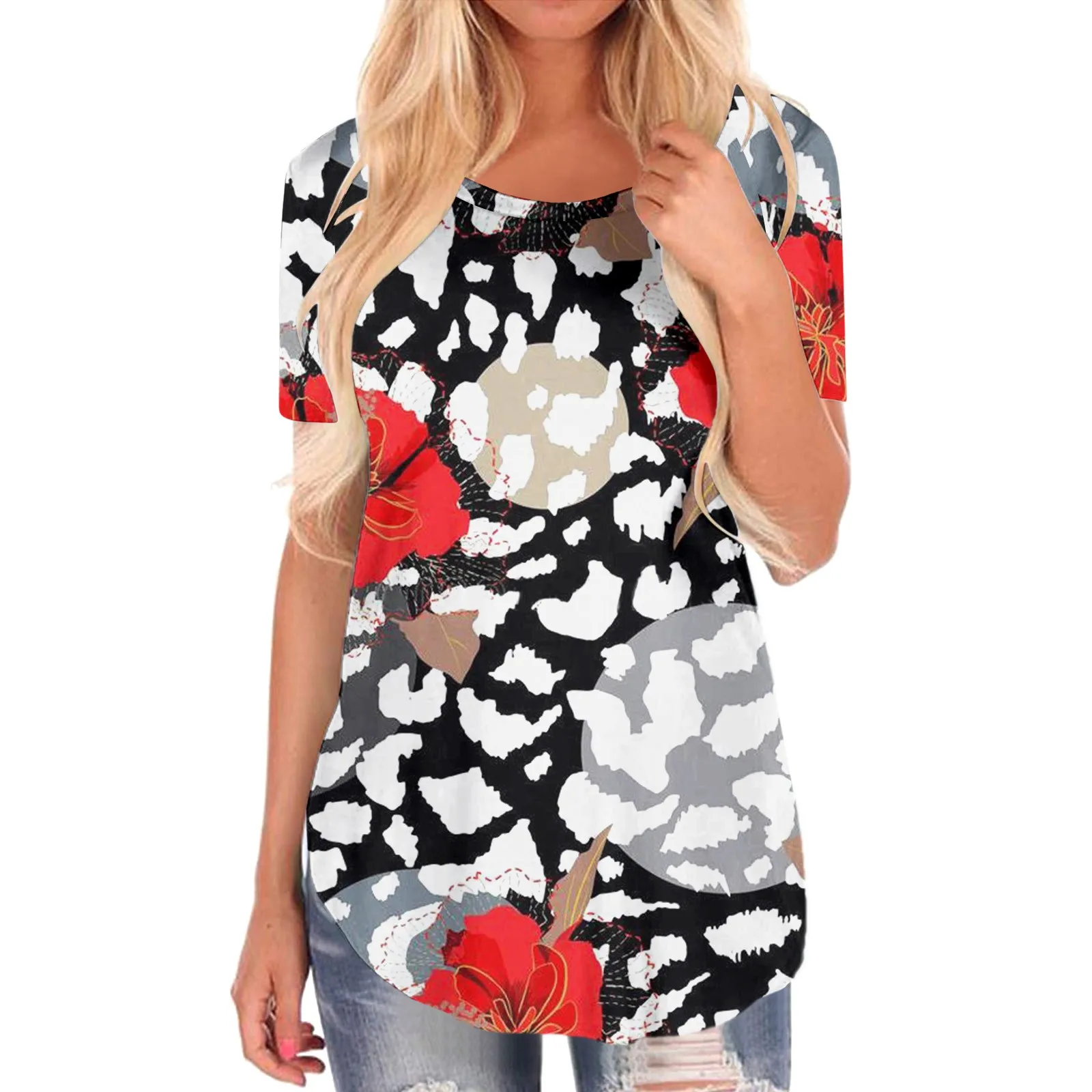 

Женская весенне-летняя блузка с цветочным принтом и коротким рукавом, Женская длинная рубашка на пуговицах