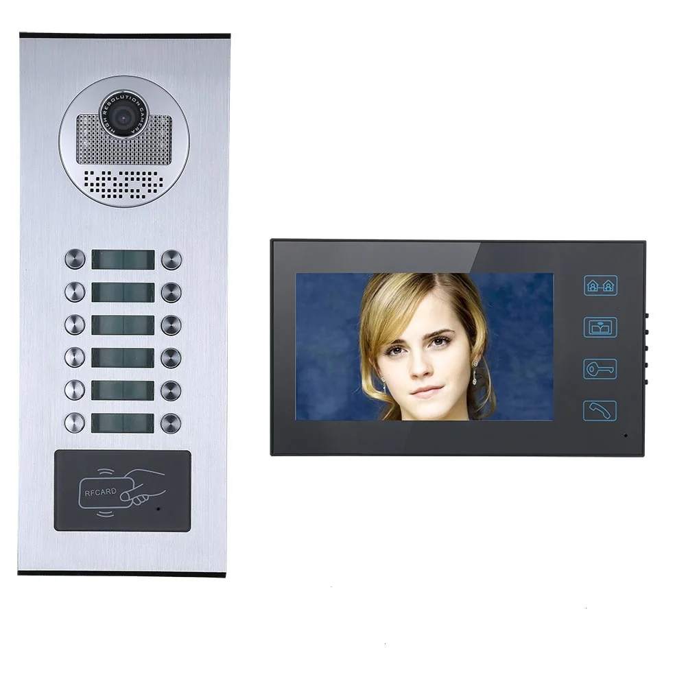 

7" Touch Button 12 Apartment/Family Waterproof Video Doorbell Intercom System RFID HD 1000TVL Camera with 12 button 12 Monitor