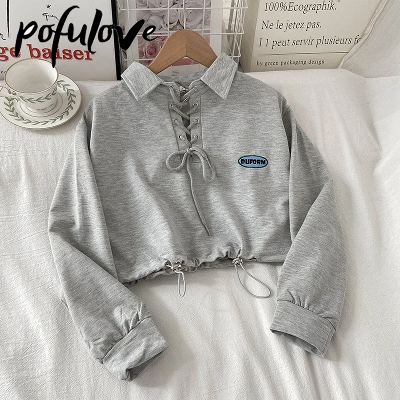 

Grey Polo Neck Short Hoodies for Women Drawstring Long Sleeve Vintage Top Thin Loose Y2k Top Autumn Sweatshirts Dropshipping
