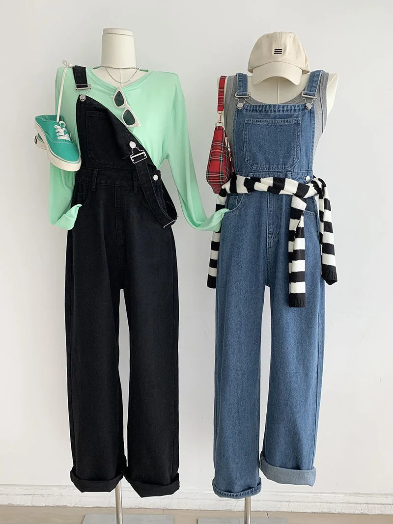 

Blue Denim Suspenders Women's 2022 New Korean Loose Straight Pants Denim Overalls Wide Leg Pants