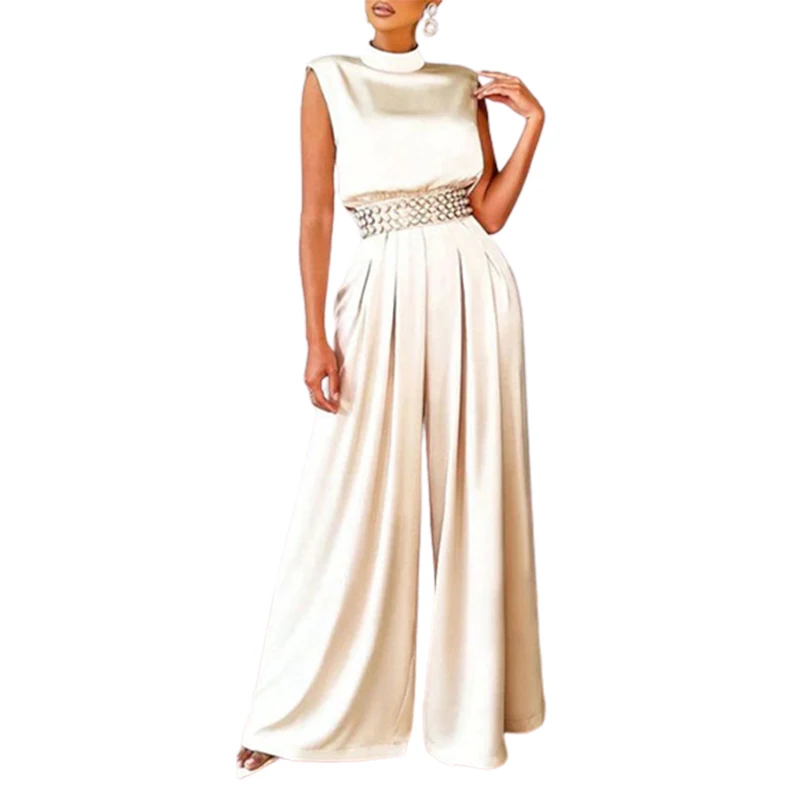 Onecozyday 2023 New Summer Female Sleeveless Solid Color High-Neck Elegant Party Evening Wedding Wide Leg Jumpsuits For Women
