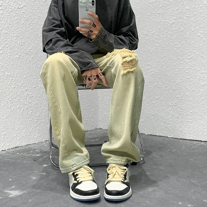 Ripped Baggy Jeans Men Fashion Retro Casual Hole Straight Jeans Men Streetwear Hip Hop Loose Denim Pants Mens Trousers M-2XL