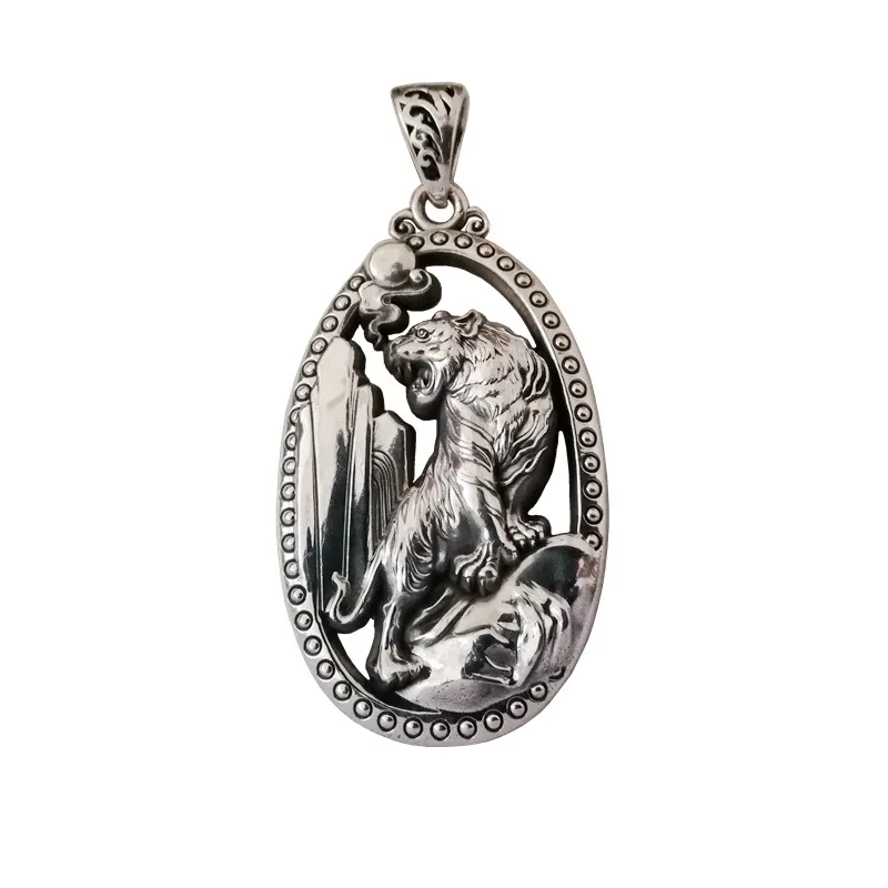 

100% 999 full Silver Tiger domineering tiger roaring mountain and river Zodiac tiger Sterling Silver Men's Necklace Pendant