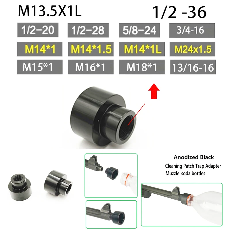 

1/2x28 TPI Cleaning Patch Trap Adapter Muzzle Soda Pop Bottles 9 mm 5/8X24 1/2X20 M14X1/1L/1.5 M24X1.5 M18X1 1/2-36 M13.5X1L