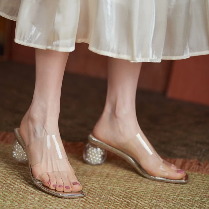 

Женские прозрачные шлепанцы Rimocy, из ПВХ, с жемчугом, на высоком каблуке, с квадратным носком, летние, с ремешком