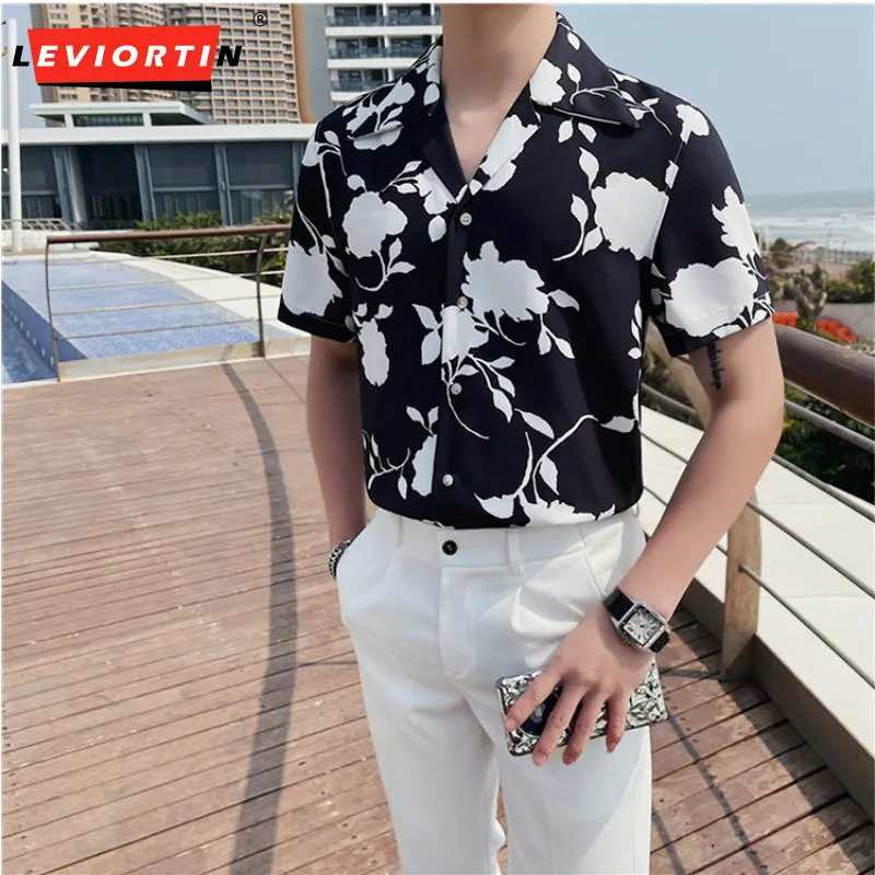 

Fashion Summer Thin Short Sleeve Floral Shirts For Men Clothing 2023 Turn Down Collar Slim Fit Casual Tuxedo Camisas De Hombre