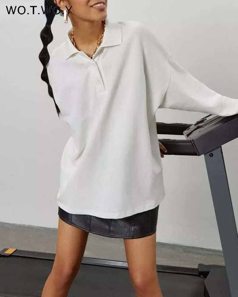 

WOTWOY Autumn Casual White Polo Shirts Women Cotton Loose Solid Pullovers Female Long Sleeve Tops Tee Shirts Femme 2021 Polos