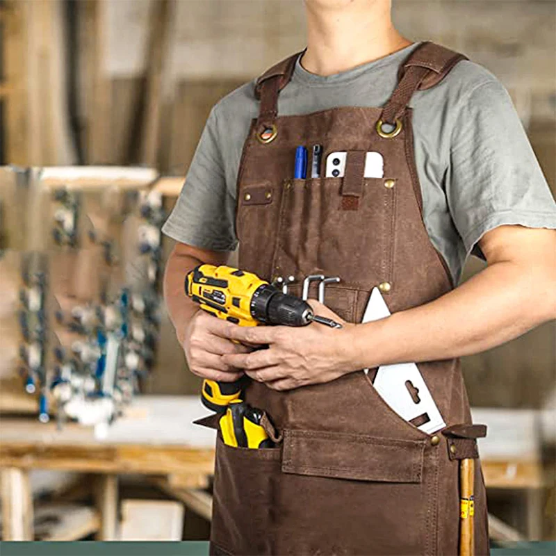 New Canvas Work Apron With Tool Pocket Durable Goods Heavy Duty Unisex Crossback Strap Adjustable Apron For Woodworking Painting