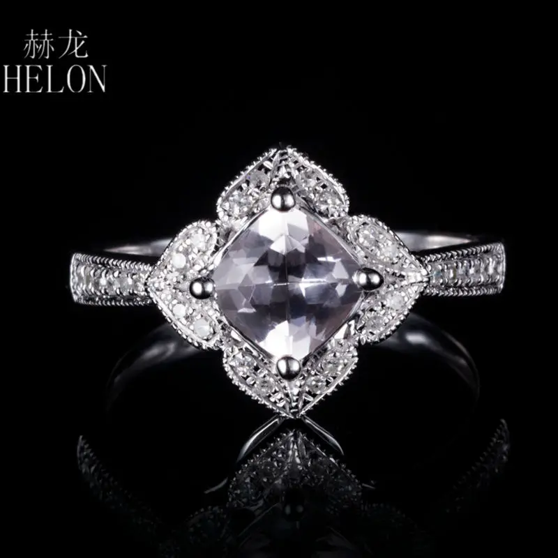

HELON Solid 14K 10k White Gold Cushion Cut 6.5mm Genuine Morganite Diamonds Engagement Wedding Ring Women Diamonds Fine Jewelry
