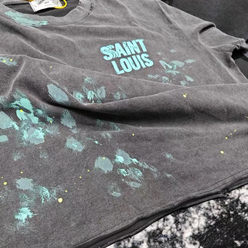 

Saint Louis Washed Black T Shirts Men Women 1:1 High Quality Logo Letter Printing Oversized T-Shirts