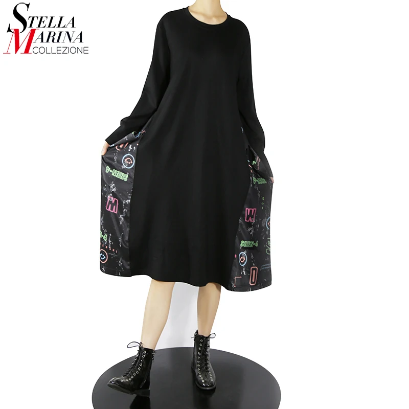 

New 2021 Long Sleeve Mid Calf Length Woman Autumn Straight O Neck Black Dress Printed Sides With Pocket Casual Robe Femme MJ2216