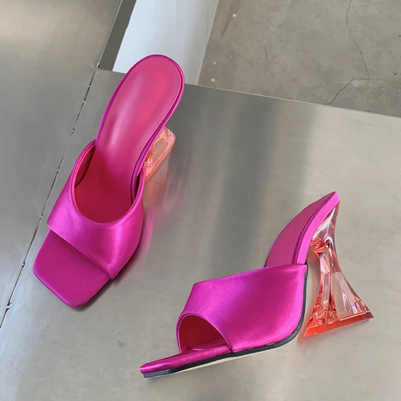 

Женские кожаные шлепанцы, прозрачные сандалии оранжевого цвета, открытый носок, на каблуке, летняя обувь