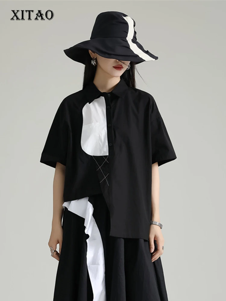 

XITAO Casual Irregular Shirt Personality Patchwork Contrast Color Women 2023 Summer New Arrival Trend Street Wind Shirt HQQ0771