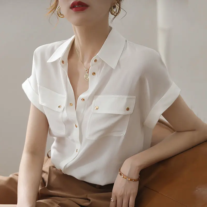 

Chiffon White Shirt Tops Ladies Summer 2024 New Thin Short Sleeve Loose Solid Color Blouse Simplicity Fashion Women Clothing