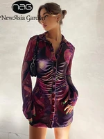 newasia tie dye shirt dress long sleeve ruched turn down collar buttons up mini bodycon dresses for women 2021 casual vestidos