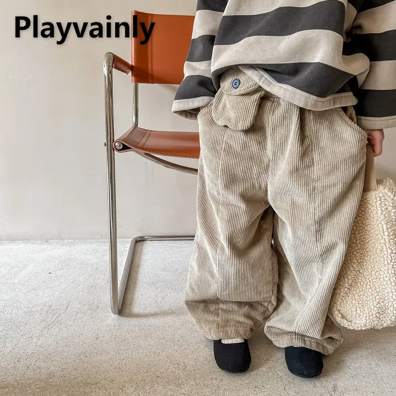 

Зимние флисовые брюки для маленьких мальчиков и девочек, вельветовые плотные повседневные брюки с эластичным поясом, теплые брюки с хлопко...