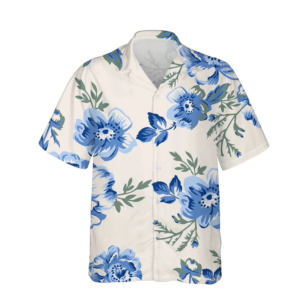 Summer New 3D Elegant Blue Flower Painting Pattern Mens Hawaiian Shirts Casual Loose Men Tops Oversize Beach Vintage Clothes 5XL