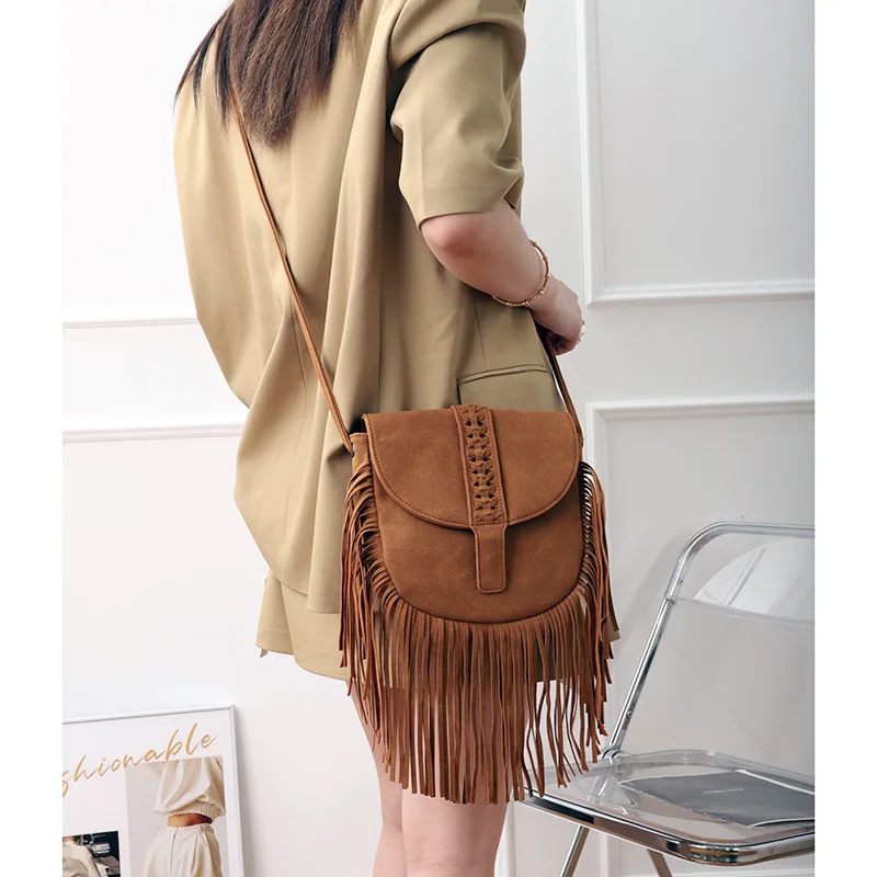 Diinovivo Trendy Tassel Design Messenger Bag For Women Half Circle Shape Weave Shoulder Bag Scrub PU Leather Flap Bags WHDV2173