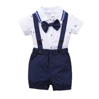 Newborn Boys Gentleman 3 Pieces Summer Boutique Set Baby Infant Sailboat Print Romper Navy Blue Overalls Suit Boys Birthday Wear