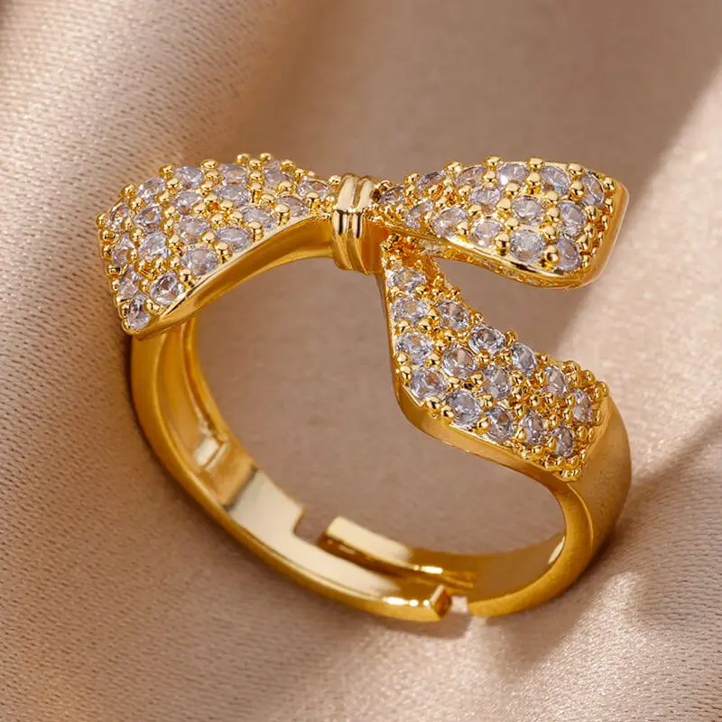 

Zircon Bow-knot Rings for Women Stainless Steel Adjustable Finger Ring 2023 New Trend Wedding Aesthetic Jewelry anillos mujer