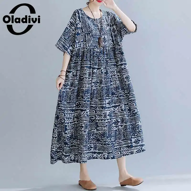 

Платье Oladivi женское с коротким рукавом и принтом, длинная туника в стиле бохо, Повседневная Свободная летняя одежда, Размеры 35, 45, 55 лет, 8XL, 7XL