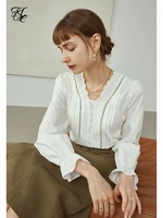 fsle women shirts design niche autumn long sleeve french shirt lace v neck pleated shirt fashion hollow pullovers tops