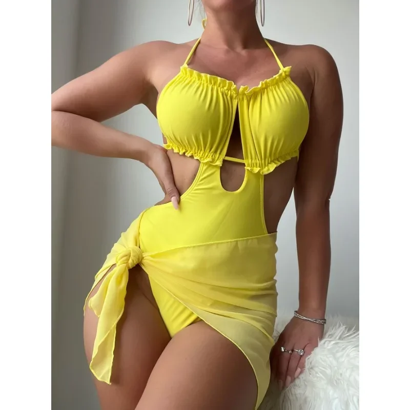 

Новый Цельный купальник для женщин, однотонная шаль с круглым вырезом и лямкой через шею, сексуальный купальник с лямкой через шею