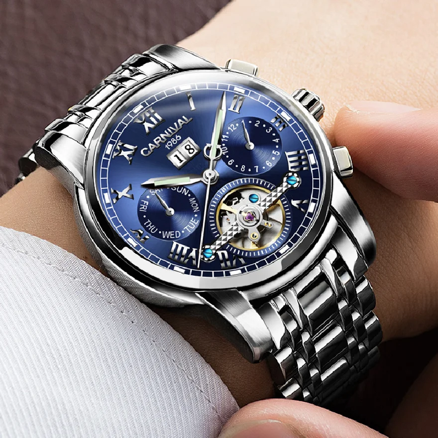 

CARNIVAL Luxury High Quality Tourbillon mechanical Men's Watches Business Dress Wristwatch for Man Steel Clock Waterproof Male