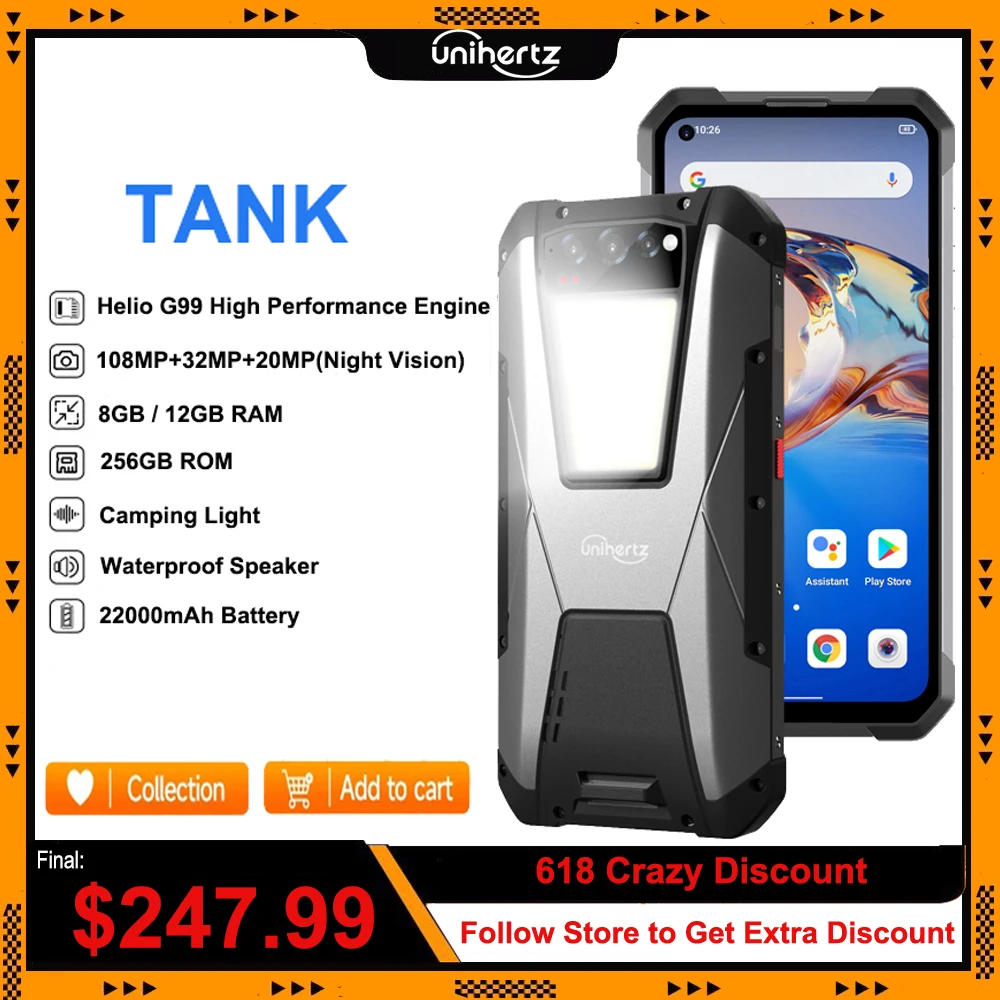 Unihertz TANK Larger Battery Rugged Smartphone 22000mAh Night Vision 108MP G99 12GB 256GB Android 12 Unlocked Mobile Phone