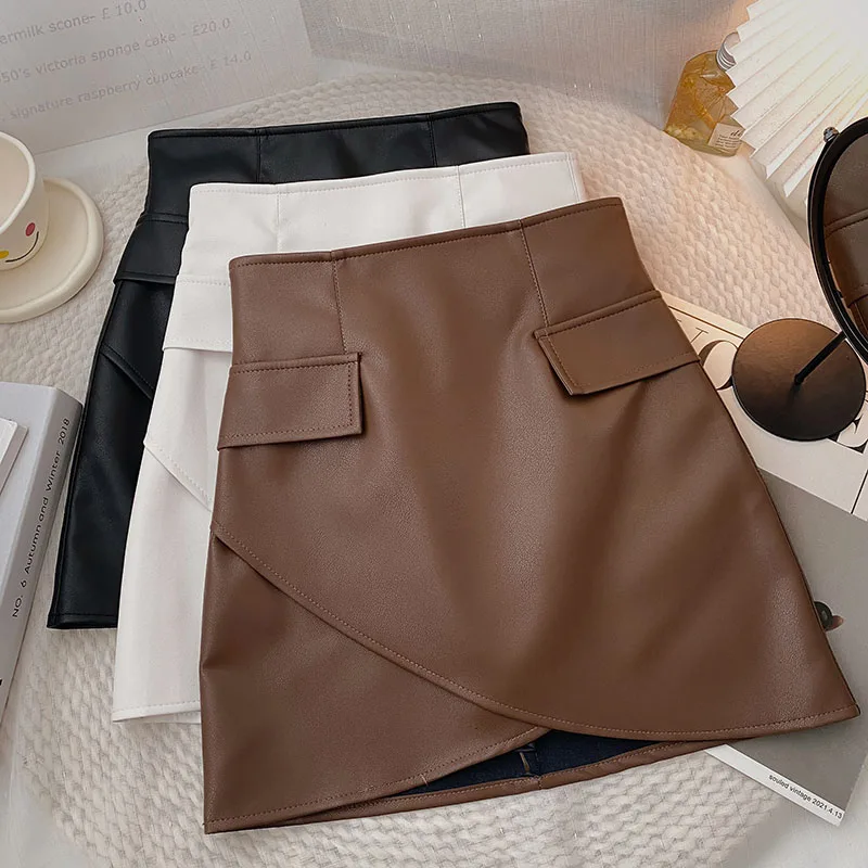 

PU Leather Skirts Women's Above Knee Skirt With Linning Female Mini Skirts Bottoms For Girls Autumn Winter
