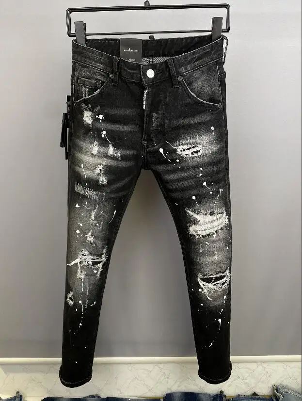 Dsquared2-pantalones vaqueros rasgados para hombre, Vaqueros rasgados para motocicleta, serie negra exclusiva, Otoño, 9859